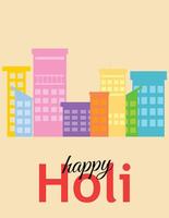 Festive Holi banner with vibrant buildings and cheerful Happy Holi text, perfect for celebrations vector