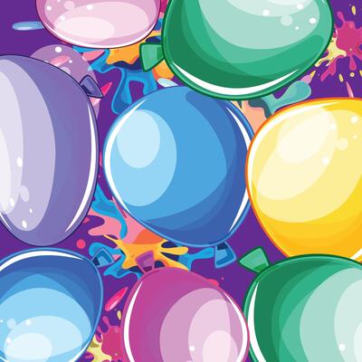 Vibrant Holi festival banner featuring colorful balloons and powder splashes on a purple gradient background