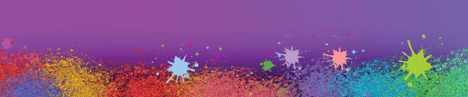 Purple long horizontal banner featuring colorful powder splashes and copy space, perfect for parties and festivals vector