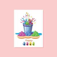 Vibrant Holi card design with colorful bucket splashes, powder bowls, and playful handprints vector