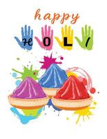 Creative and playful card design for Holi, decorated with handprints, colorful powders, and festive elements vector