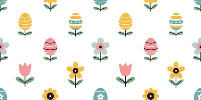 seamless pattern with easter eggs shaped like a flower. Funny easter eggs flowers on white background in flat design. Wrapping paper design. Easter cute spring seamless pattern illustration. vector