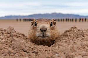 Curious marmot peeking out of its burrow in the desert photo