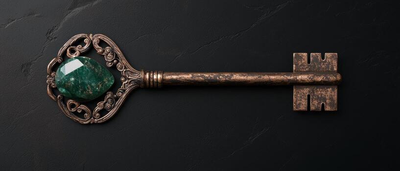 Antique ornate key with green gemstone photo