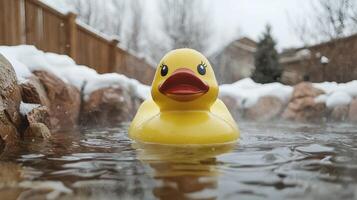 Rubber duck in a hot tub during winter photo
