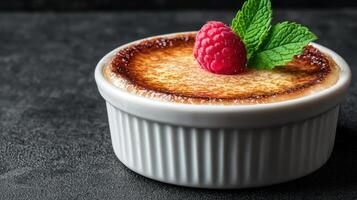Close up of a creamy creme brulee dessert with raspberry and mint garnish photo