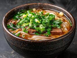 Steaming bowl of delicious beef noodle soup photo