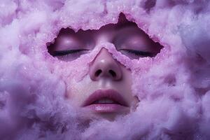 Womans face partially covered with pink crystal like substance photo