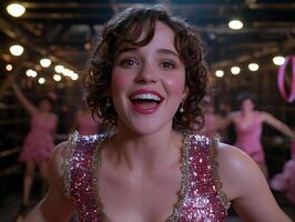 Close up of a joyful woman in a sparkling sequined dress photo