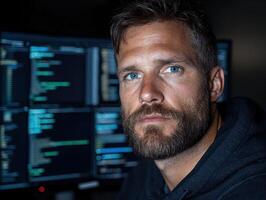 Focused programmer working late at night on a complex project photo