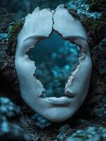 Broken face sculpture in the forest photo