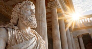 Ancient stone statue in front of columns photo
