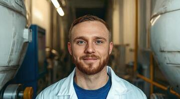 Smiling scientist in a lab coat photo