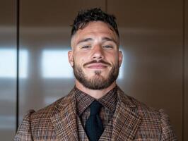 Portrait of a smiling man in a brown checkered suit photo