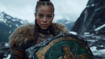 Brave female warrior with shield standing in snowy mountains photo