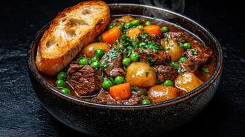 Beef stew with potatoes and carrots in a rustic bowl photo