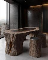 Modern minimalist living room with tree trunk table and stools photo