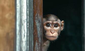 Curious monkey peeking from behind a wooden door photo