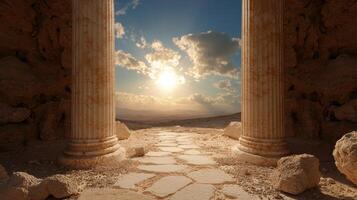 Ancient stone columns frame a sunlit desert path photo
