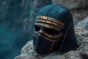 Ancient warrior helmet with hieroglyphs resting on rocks photo