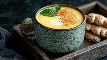 Golden turmeric latte in rustic mug with ginger photo