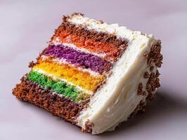 Rainbow layer cake with chocolate frosting photo
