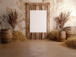 Rustic wooden interior with blank canvas and barrels photo