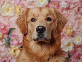 Golden Retriever Puppy Posing in a Field of Flowers photo