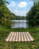 Brown and white checkered picnic blanket on grass by lake photo