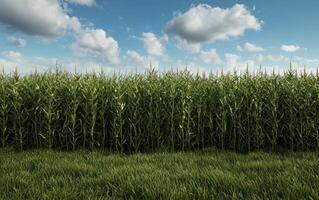 Tall green corn stalks in a field under a partly cloudy sky photo