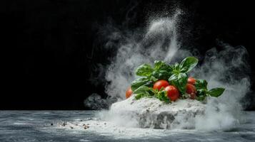 Smoky flour cloud with tomatoes and basil photo
