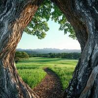 Pathway through a field leading to mountains, seen through a tree trunk photo