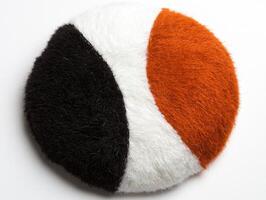 Close up of a round, fluffy object with three colored sections photo