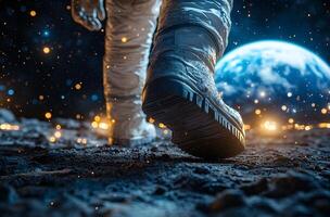 Astronaut Walking on a Lunar Surface Towards Earth photo