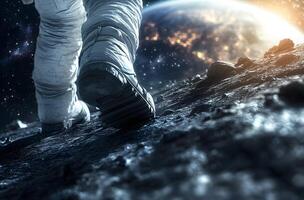 Astronaut walking on a lunar surface with Earth in the background photo