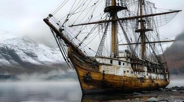 A weathered sailing ship rests on a foggy shore near snow capped mountains photo
