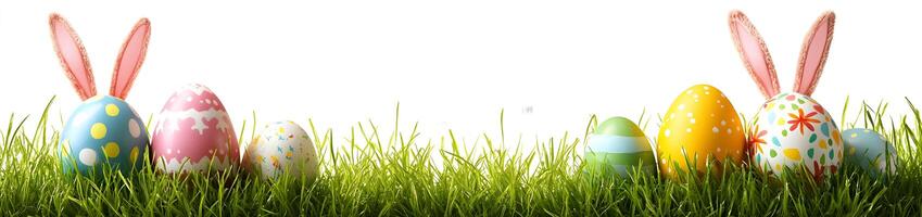 Easter Eggs with Bunny Ears in Green Grass photo