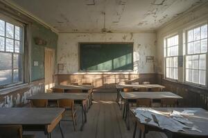 Abandoned Schoolroom Desks And Chalkboard In Decay photo