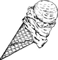 Black and white illustration of an ice cream scoop in a waffle cone, created in a detailed ink sketch style. Perfect for summer dessert menus, bakery branding, cookbooks or confectionery packaging vector