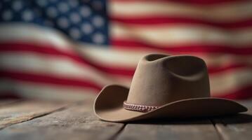 Brown cowboy hat on a wooden table with a blurred American flag in the background. Rustic Western theme with patriotic elements photo