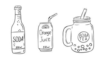 Hand drawn contour illustration of three refreshing drinks a soda bottle, a can of orange juice with a straw, and a jar filled with boba tea vector
