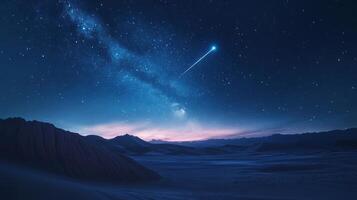Starry Night Sky Over Desert Dunes with Shooting Star and Milky Way, Perfect for Astronomy Art, Cosmic Wallpapers, Sci-Fi Themes, Stargazing Concepts, and Night Photography Inspirations photo