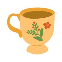 Simple and charming illustration of a yellow teacup adorned with floral and leaf patterns, representing a cozy and inviting design perfect for tea lovers vector