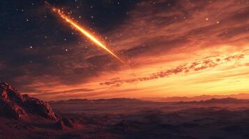 Meteor Shower Over Alien Desert Landscape at Sunset, Cosmic Night Sky Scene, Perfect for Sci-Fi Themes, Space Art, Wallpapers, Astronomy Concepts, and Futuristic Illustrations photo