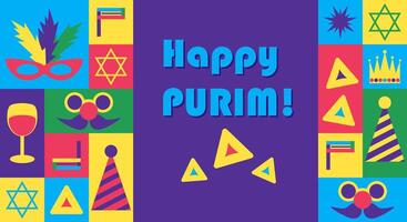 Bright Purim banner with geometric shapes, festive icons like masks, crowns, wine glasses, and hamantaschen, with bold Happy Purim text in a playful design vector