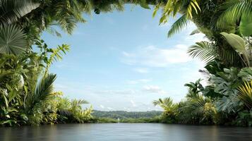Lush tropical landscape with vibrant greenery and clear blue sky photo