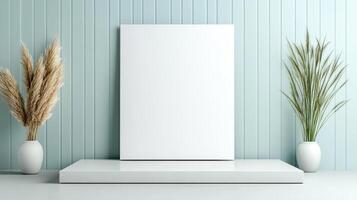 Minimalist display with blank canvas and decorative plants photo