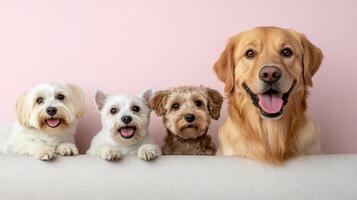 Cute dogs posing together on couch with pink background photo