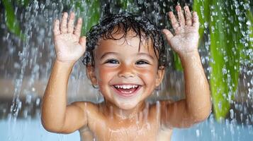 joyful child playing in sprinkler, enjoying refreshing water photo