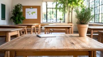 bright classroom with wooden tables, plants, and educational maps photo